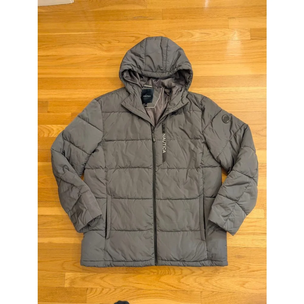 Nautica Grey Quilted Hooded Puffer Jacket Large